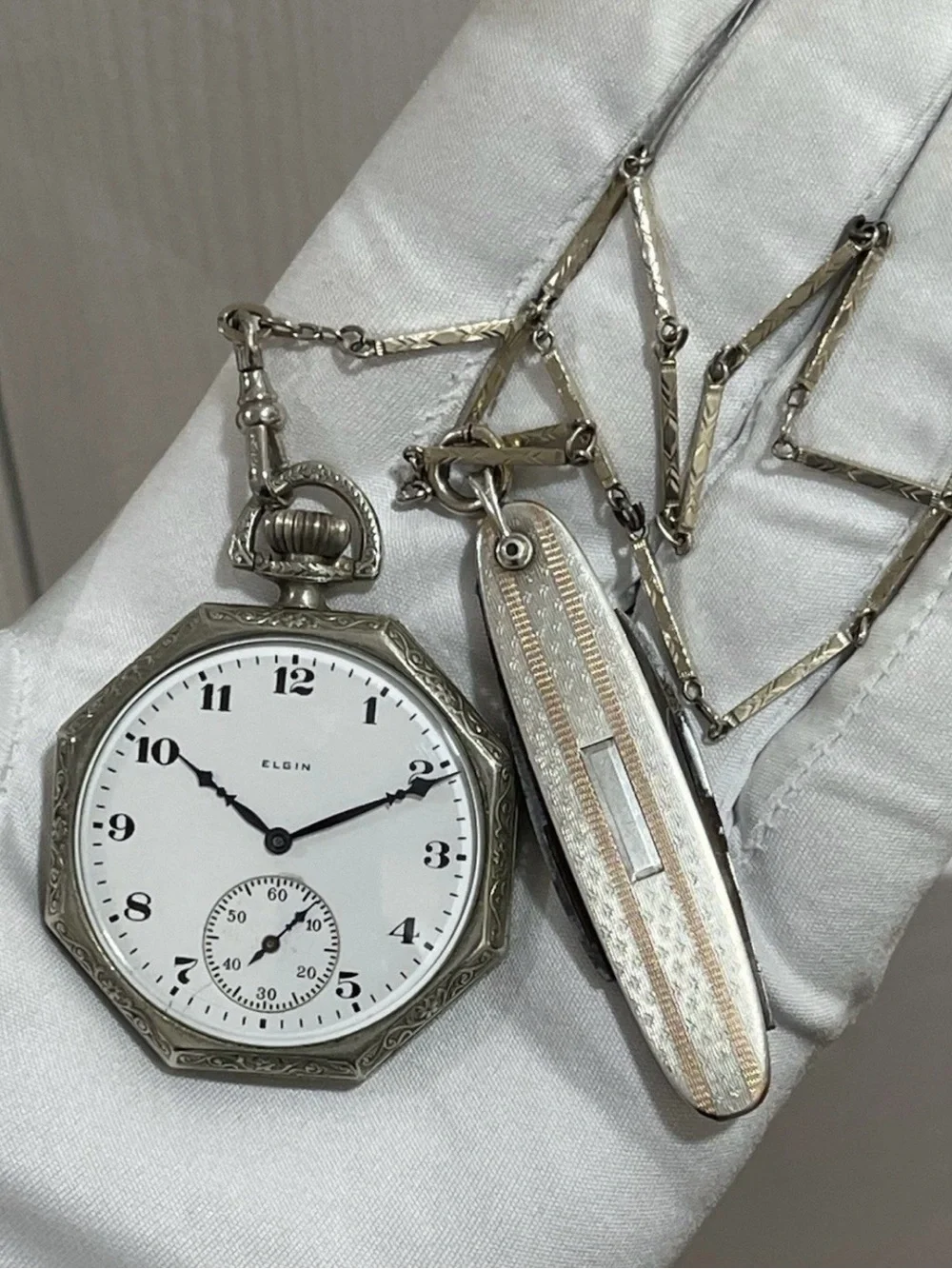 1924 Elgin Art Deco Pocket Watch 17J 12s Octagon RUNS Illinois Spartan Knife Set